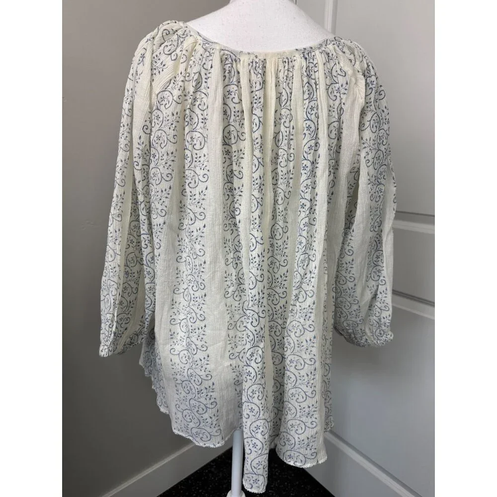 True Religion Womens Boho Top S Blue & White Trellis Print With Princess Seams - Picture 4 of 16